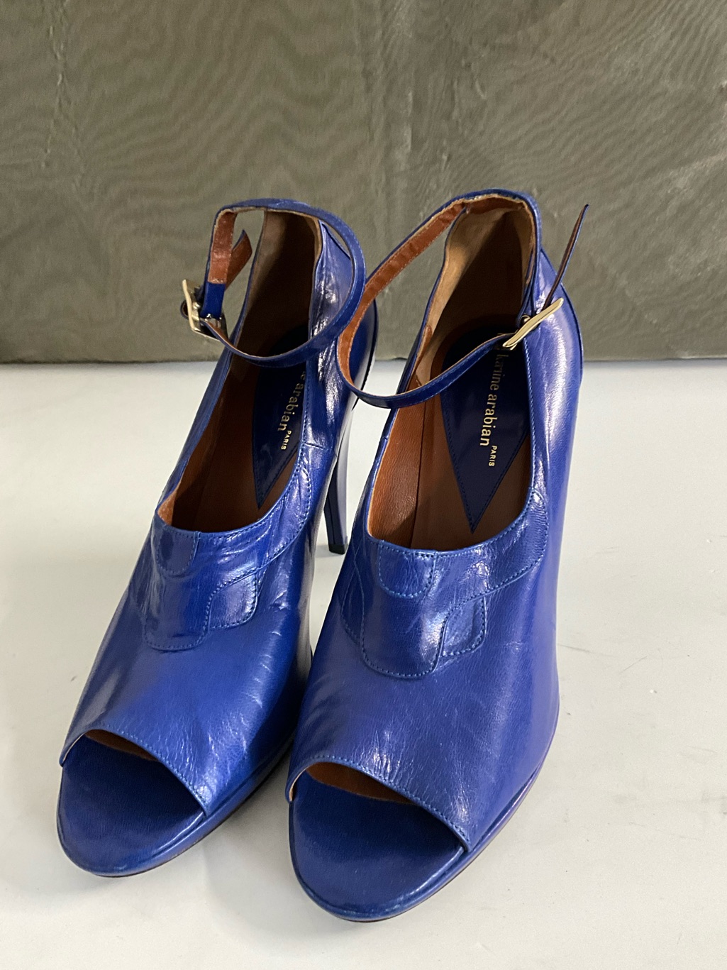 Karine Arabian Paris Blue Leather Peep Toe Platform Heels Ankle Strap Pumps